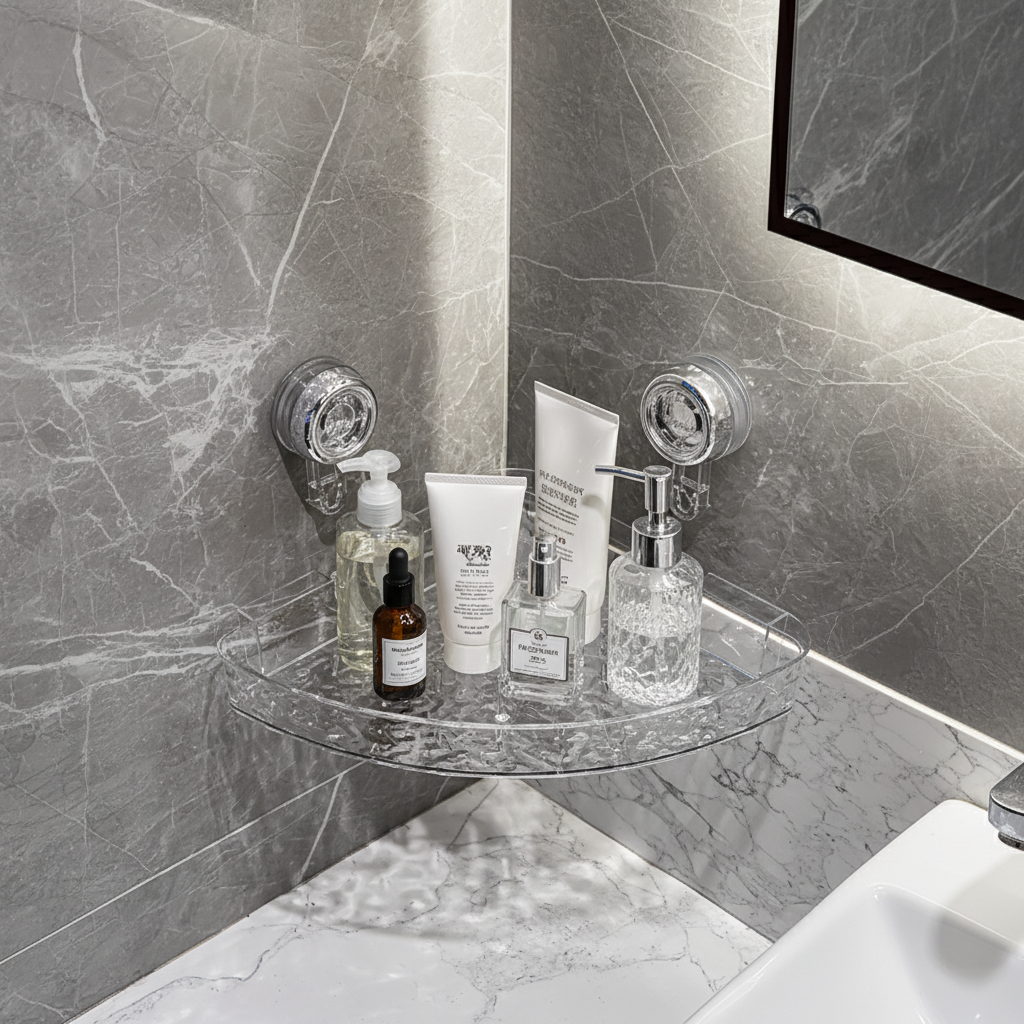 Clear no-drill shower caddy wall organizer with strong suction for bathroom toiletries in damp areas.