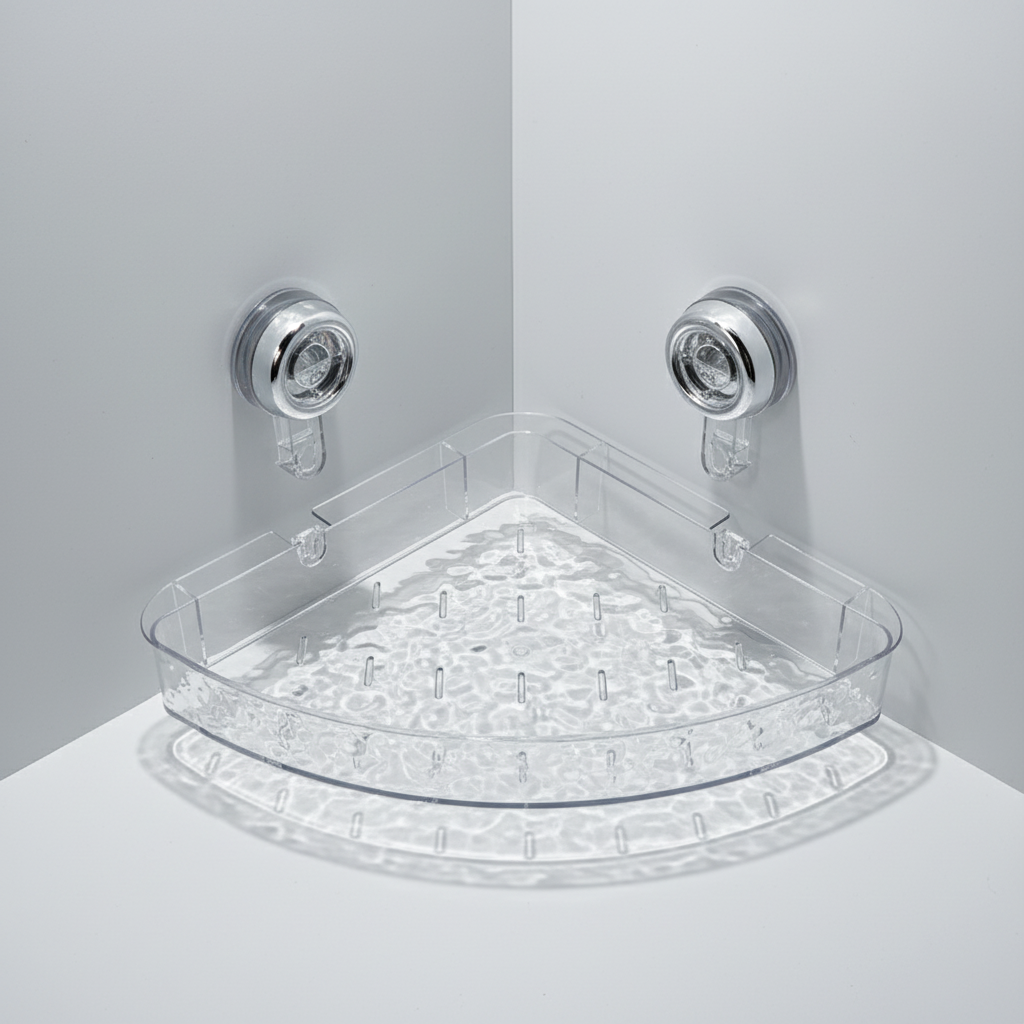 Home organization clear wall caddy for damp areas. Perfect no-drill bathroom storage for shower essentials.