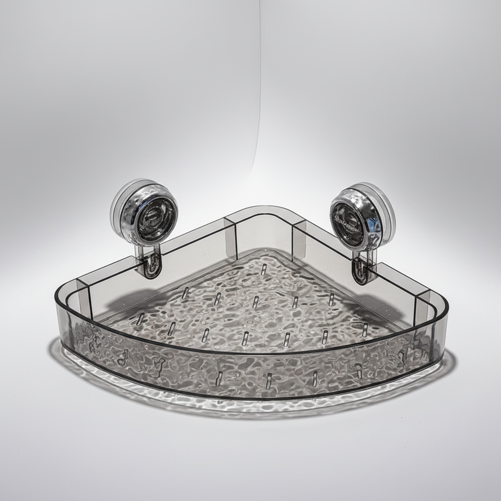 Modern clear suction cup organizer. Versatile wall storage for bathroom, shower, or kitchen essentials.