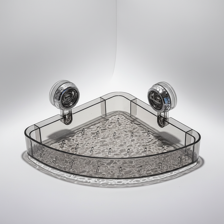 Modern clear suction cup organizer. Versatile wall storage for bathroom, shower, or kitchen essentials.