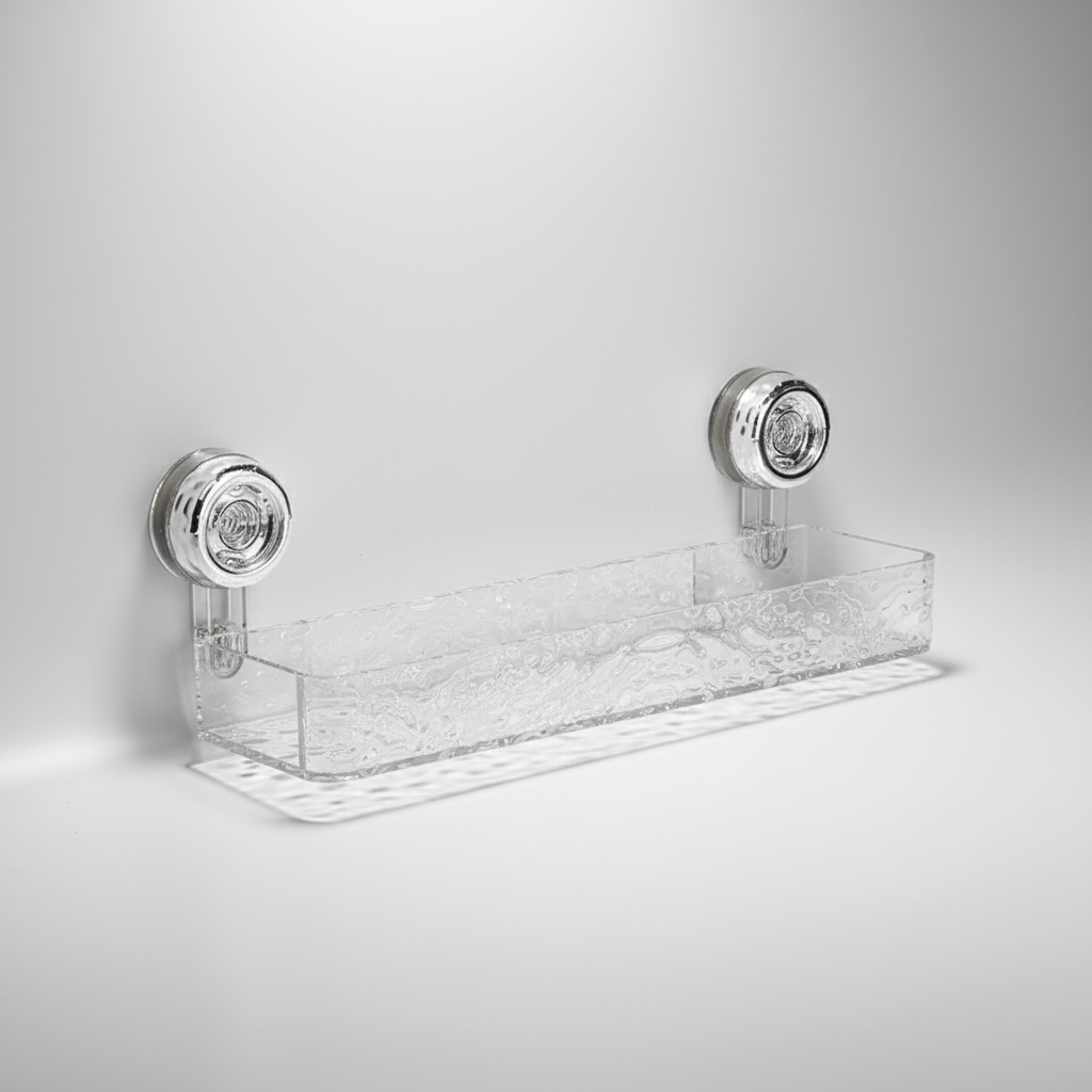 No-drill bathroom wall caddy. Clear suction cup organizer keeps toiletries neat & dry in damp shower areas.