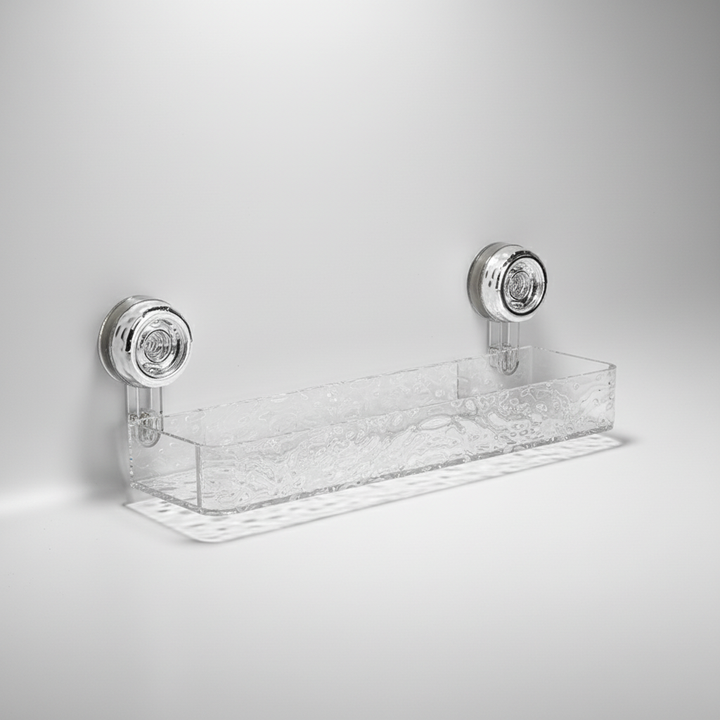 No-drill bathroom wall caddy. Clear suction cup organizer keeps toiletries neat & dry in damp shower areas.