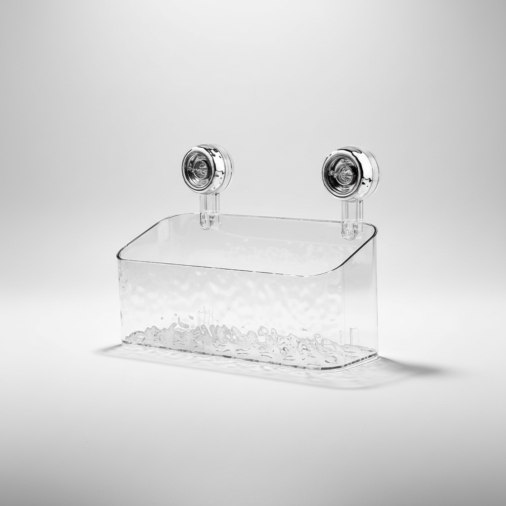 Strong suction clear shower caddy. Elegant no-drill wall organizer for secure bathroom toiletries storage.
