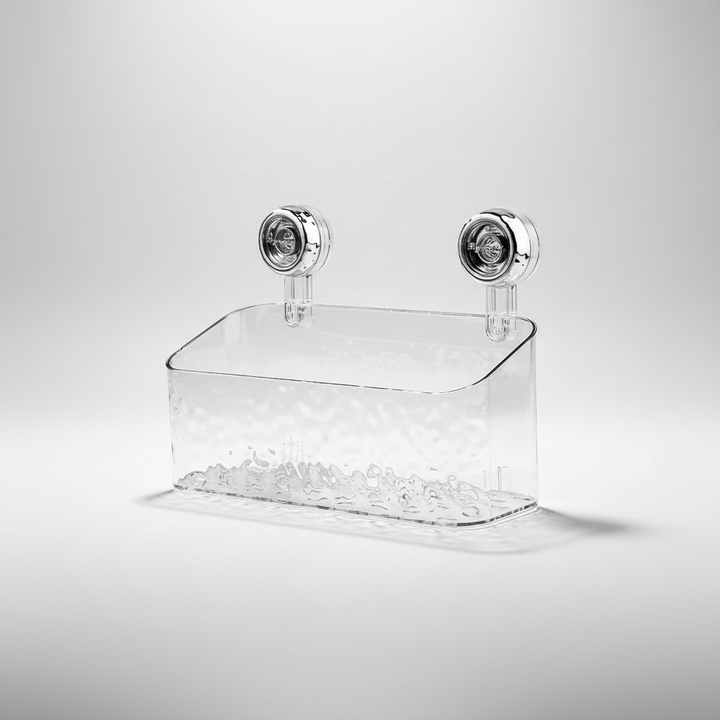Strong suction clear shower caddy. Elegant no-drill wall organizer for secure bathroom toiletries storage.