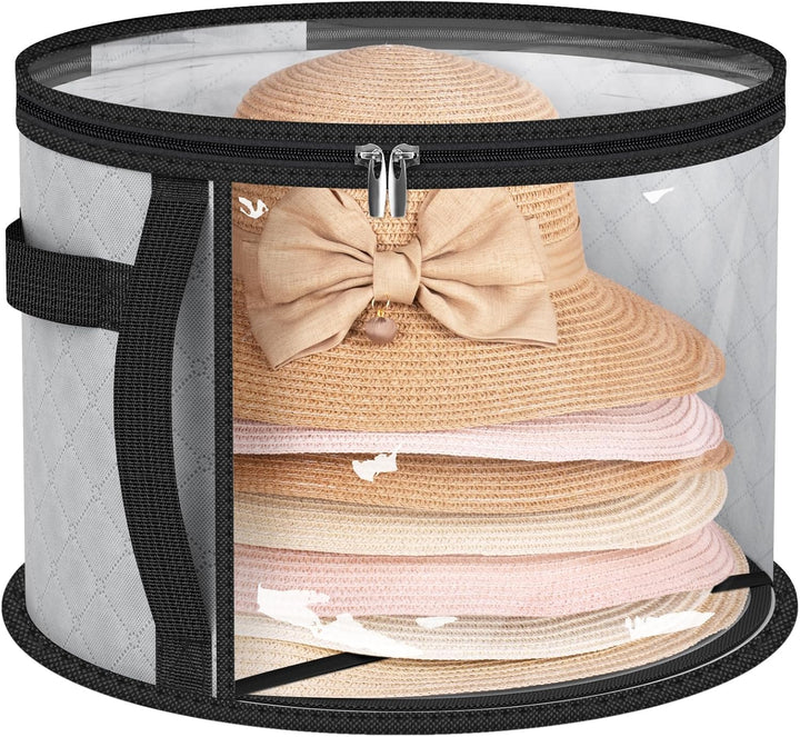 Clear wide-brim hat storage organizer case, dustproof for fedoras & cowboy hats. Perfect for home organization.