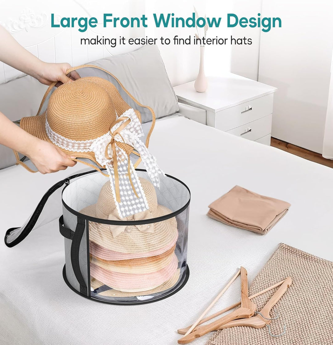 Unisex wide-brim hat storage organizer with clear lid for home. Dustproof solution for fedoras & cowboy hats.