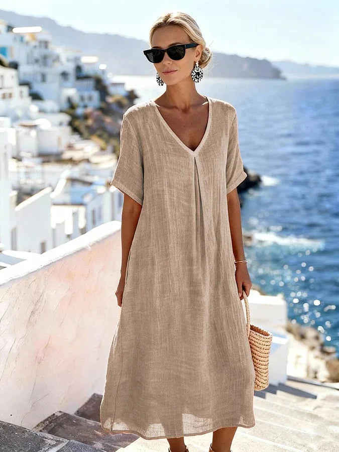 Comfortable Women's Everyday Midi Dress, short-sleeved with a V-neck, for effortless style.