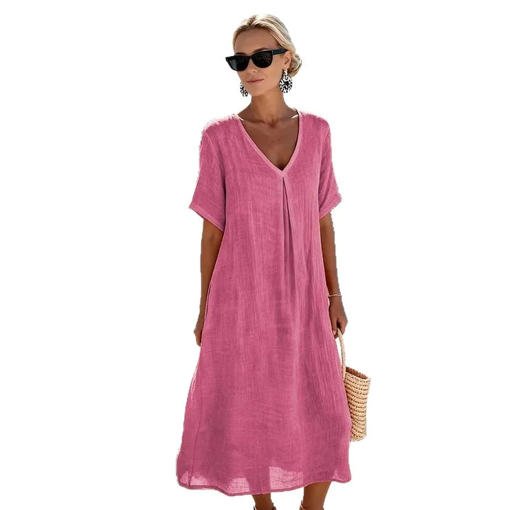 Stylish Women's Relaxed V-Neck Midi Dress, a versatile addition to any summer wardrobe.