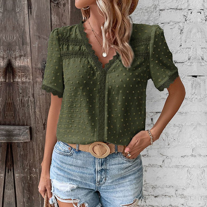 Versatile Women's Swiss Dot V Neck Top, ideal for casual elegant looks & summer fashion, with delicate lace trim.