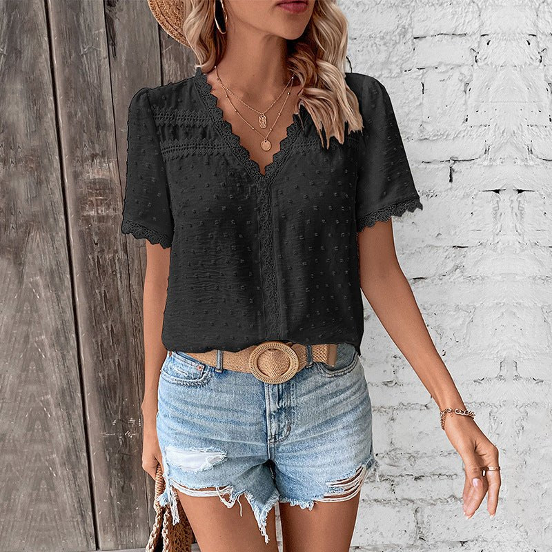 Detail of the V neck and lace trim on a Women's Swiss Dot Top, highlighting its unique casual elegant design.