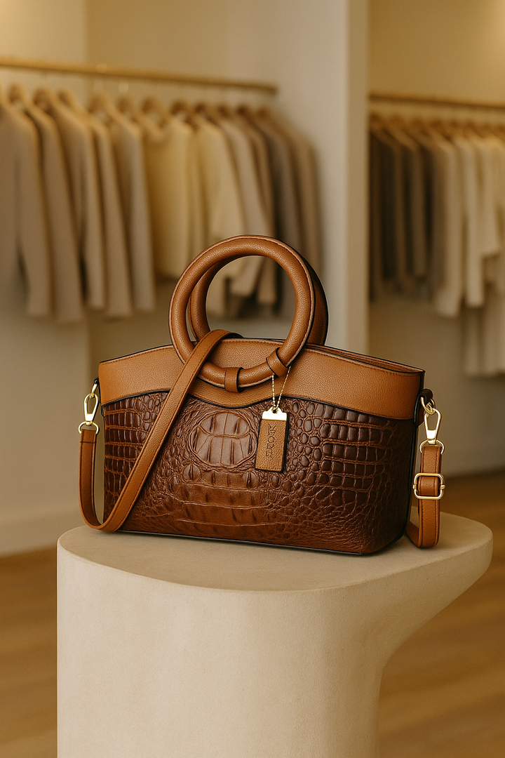 Close-up of brown croc embossed faux leather vintage handbag, elegant women's accessory.