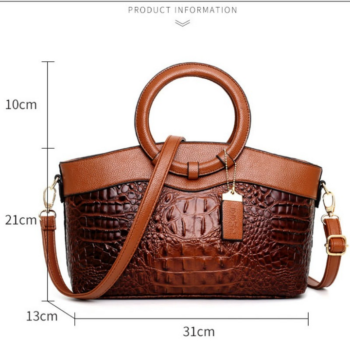 Close-up of the exquisite croc embossed pattern on a vintage women's handbag.