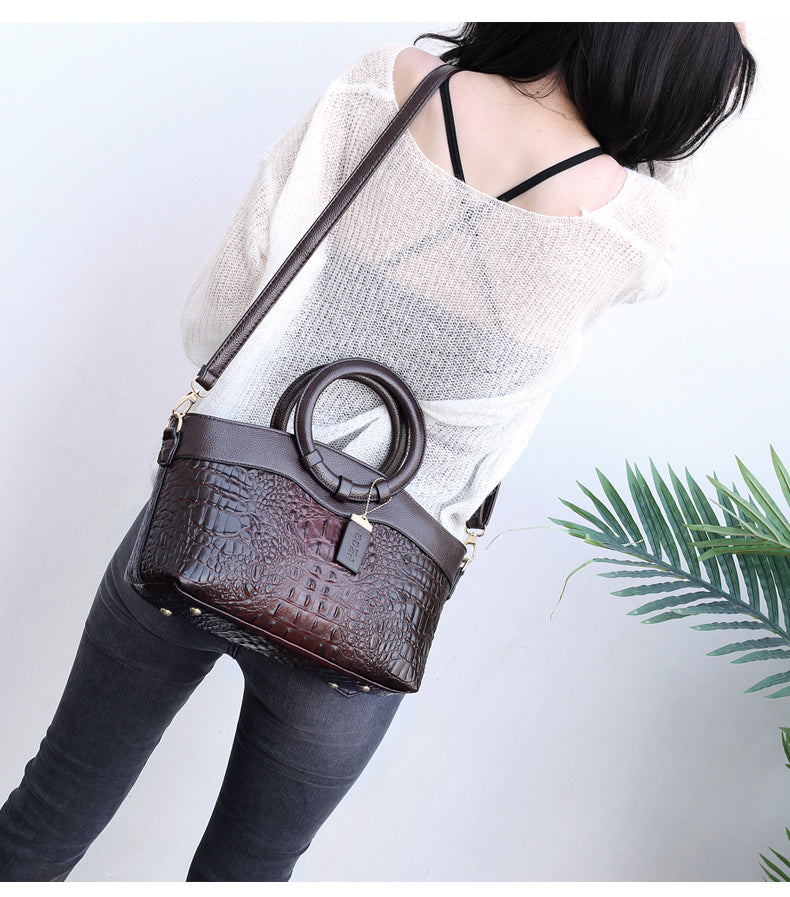 Stylish brown croc embossed shoulder bag, faux leather, vintage design, women's accessory.