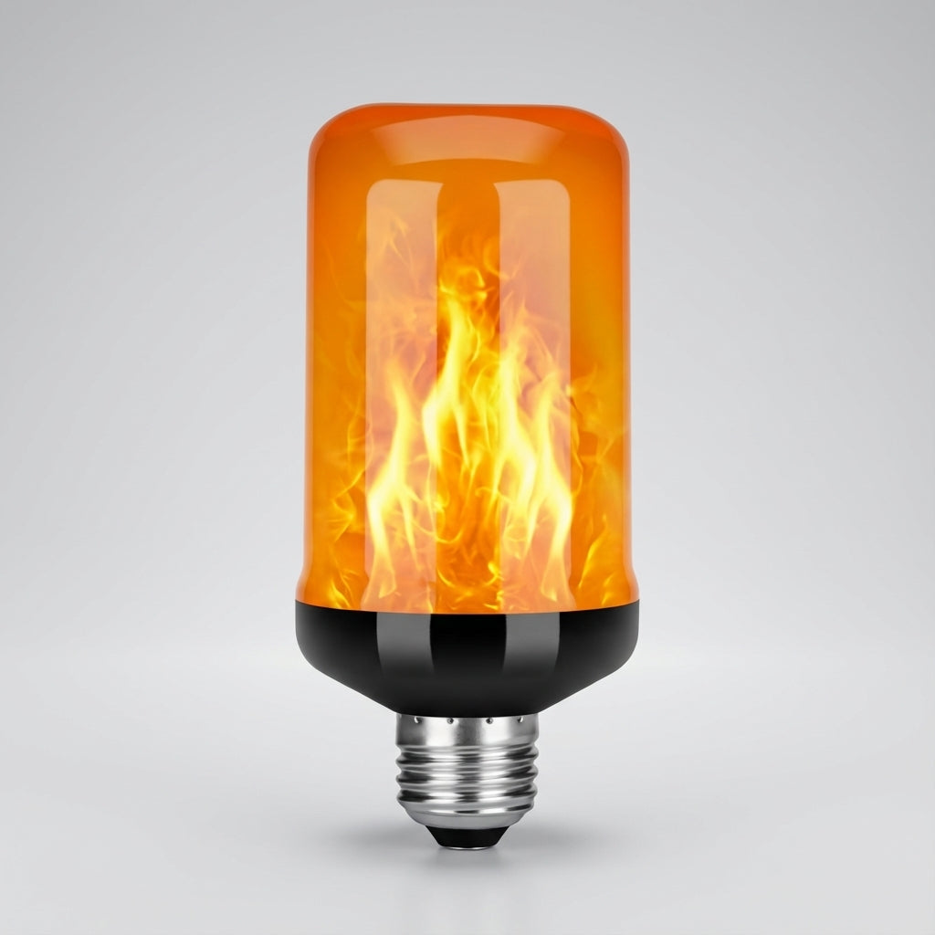 Photo of the Emberelle multi-mode LED light bulb, demonstrating its dynamic flickering flame and mood settings.