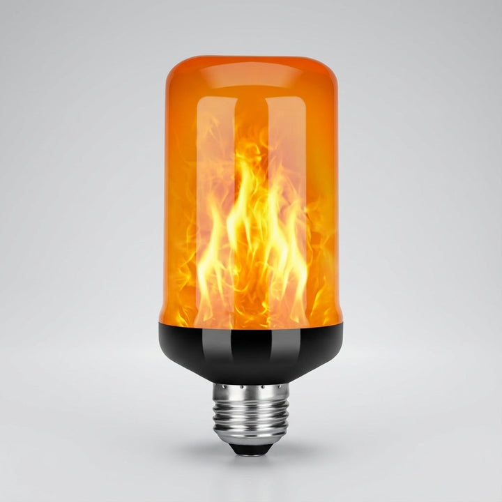 Photo of the Emberelle multi-mode LED light bulb, demonstrating its dynamic flickering flame and mood settings.