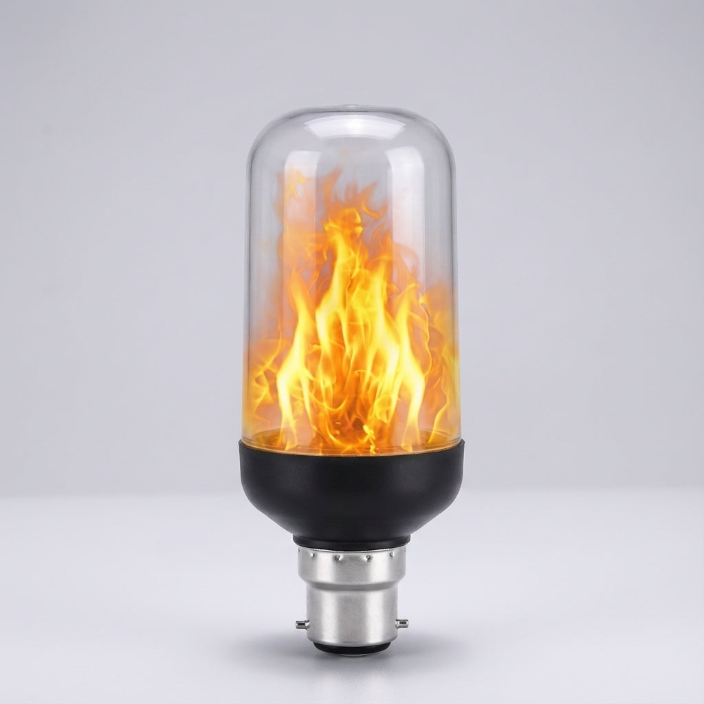 Warm glow from a decorative Emberelle LED flame effect bulb, enhancing a cozy home with ambient light.