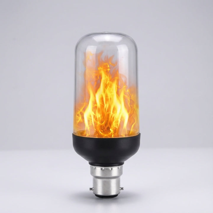 Warm glow from a decorative Emberelle LED flame effect bulb, enhancing a cozy home with ambient light.