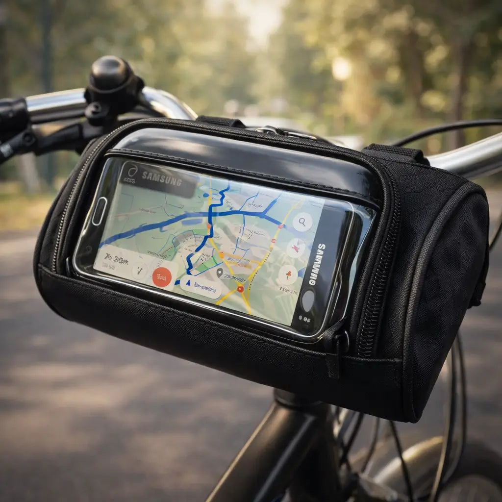 Close-up of waterproof bicycle handlebar bag with clear touchscreen phone holder.