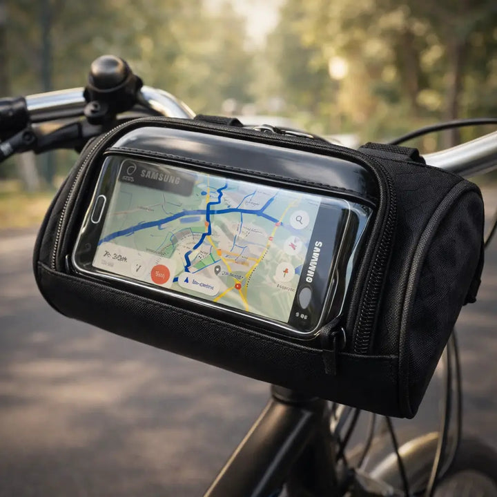 Close-up of waterproof bicycle handlebar bag with clear touchscreen phone holder.