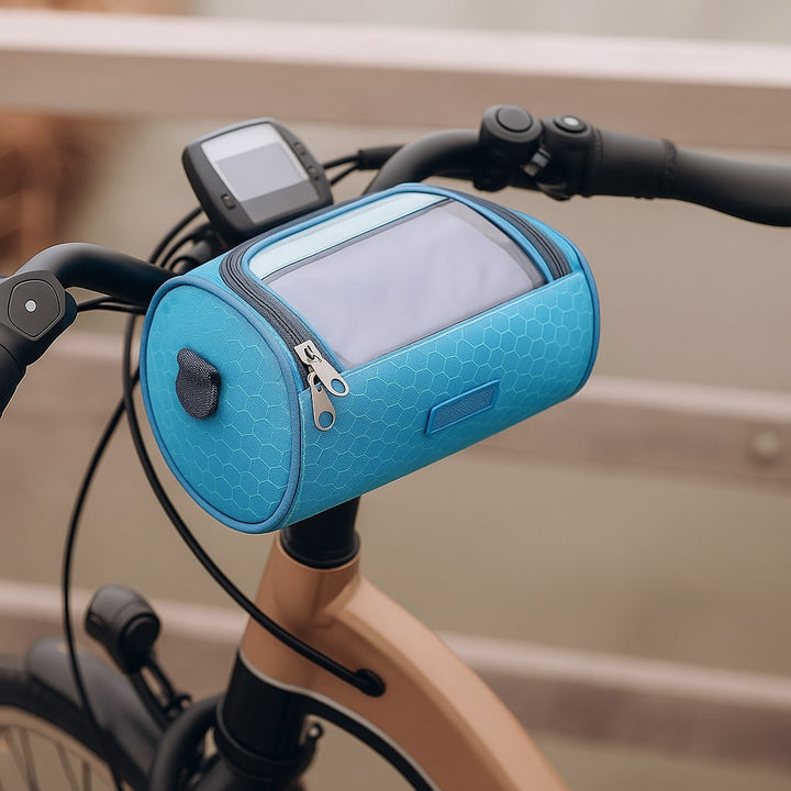 Black waterproof handlebar bag designed for road and mountain bikes, secure phone access.