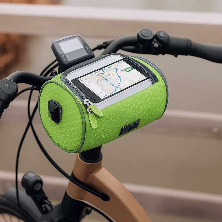 Outdoor shot of a waterproof bike handlebar bag, essential accessory for any cyclist.