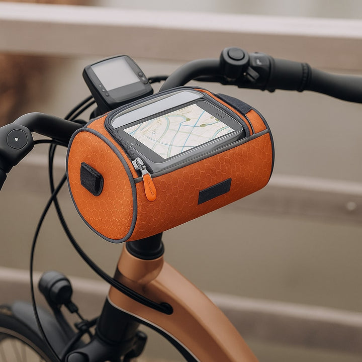 Waterproof bike bag with secure strap system, touchscreen display for smartphone navigation.