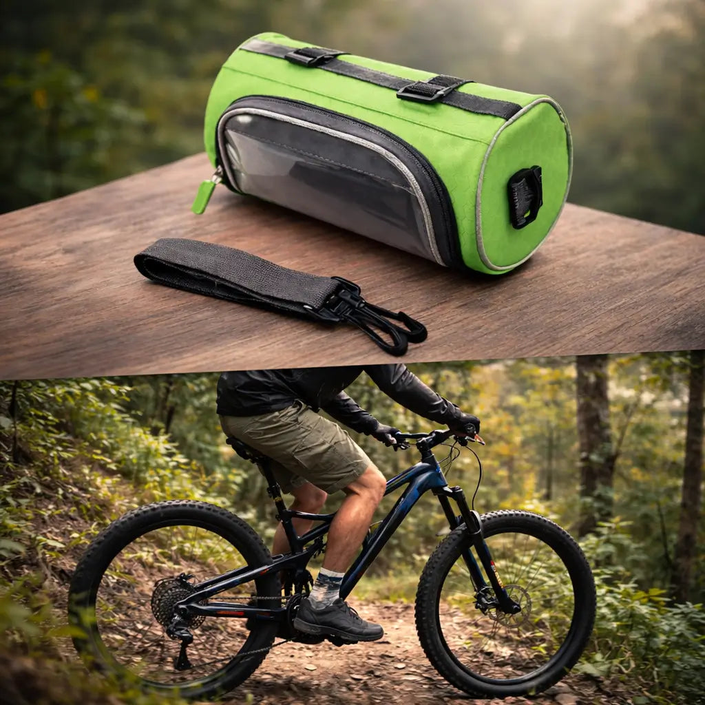 Black waterproof cycling handlebar bag mounted on a bike, ideal for phone & storage.