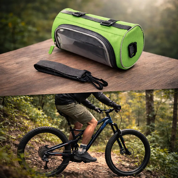 Black waterproof cycling handlebar bag mounted on a bike, ideal for phone & storage.
