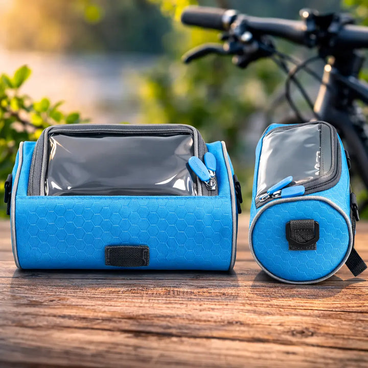Front view of a waterproof bicycle handlebar bag with a reflective strip and touchscreen.