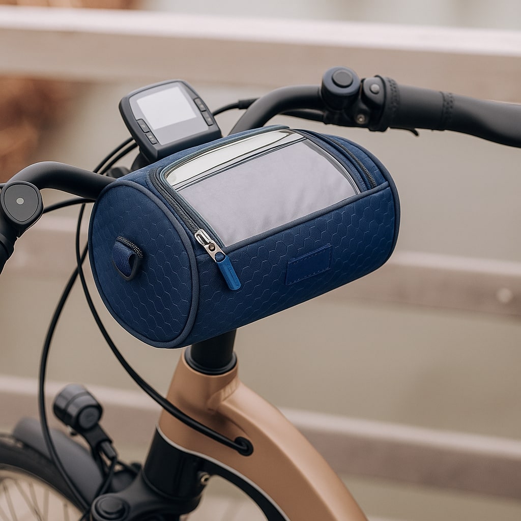 Handlebar mounted waterproof bag, great for biking, travel, with a convenient phone holder.