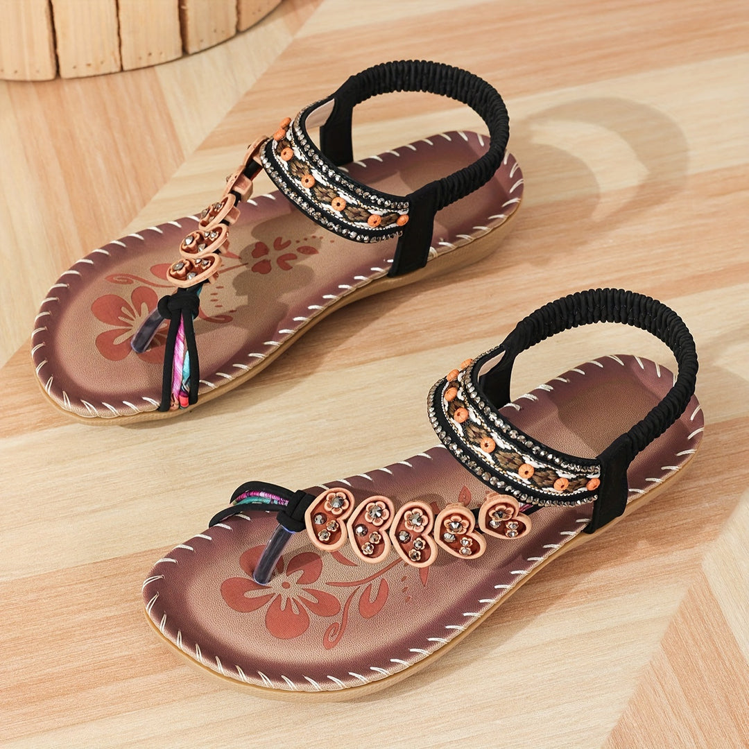 Comfortable women's summer sandals, embellished with boho rhinestones and pretty beads.