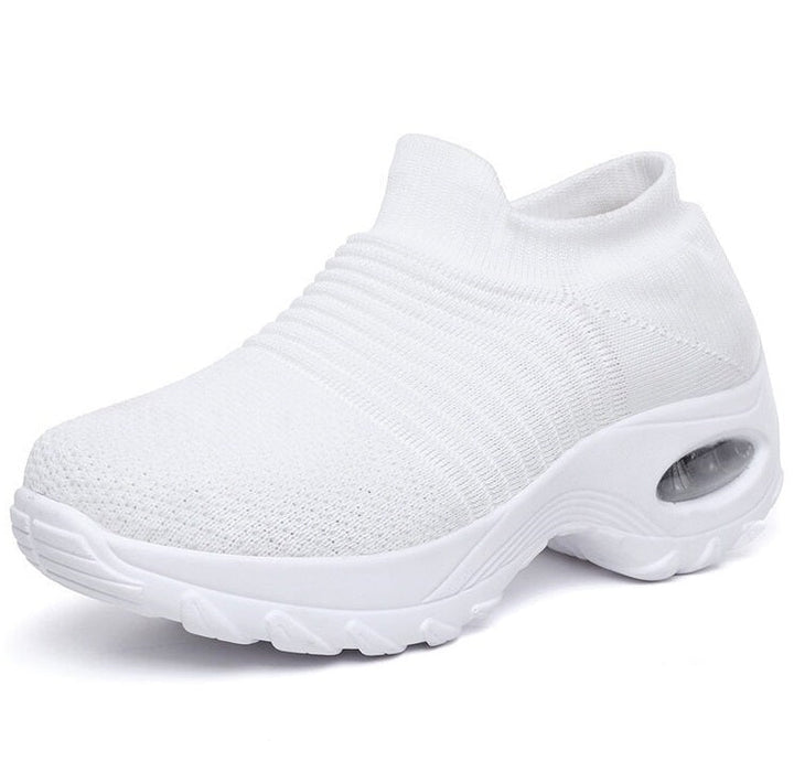 Side view of women's cushioned orthopedic shoes, great for walking & daily use.