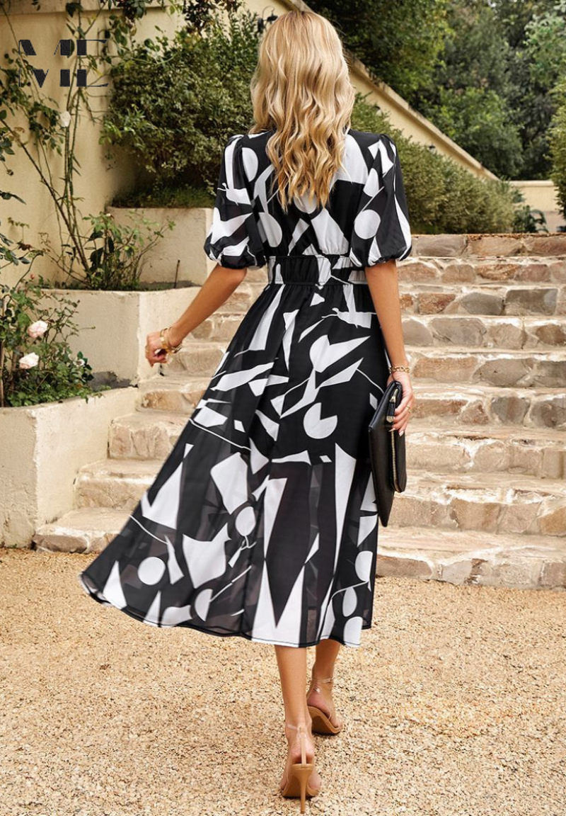 Vibrant Women's Floral Print Midi Dress, a flattering V-neck summer dress with comfortable short sleeves.