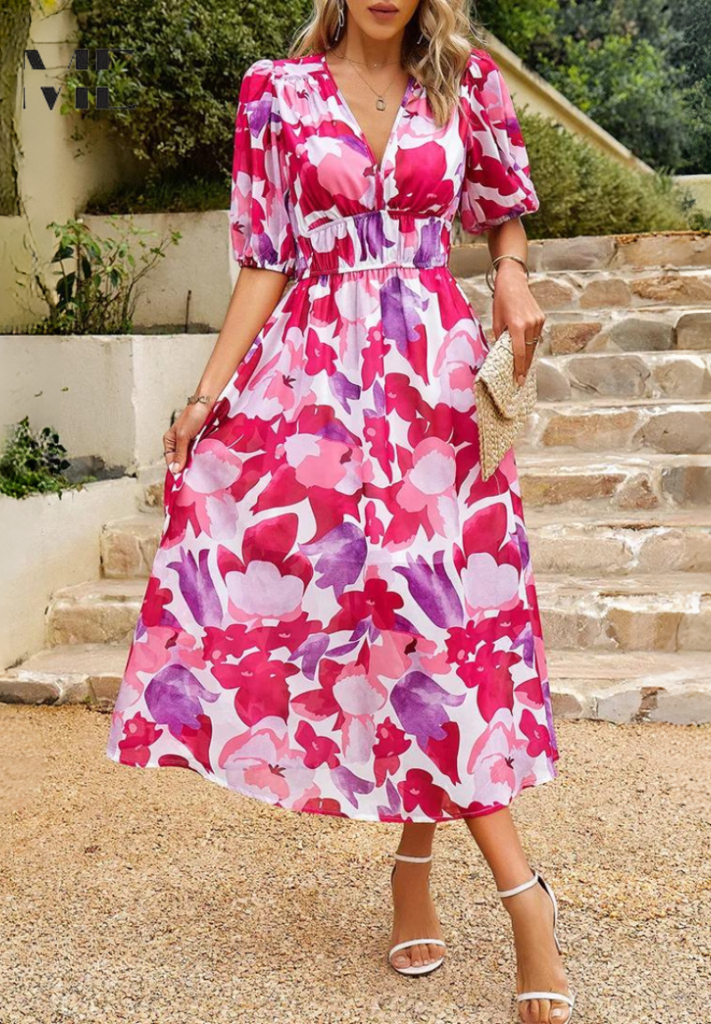 Feminine Women's Floral Print Midi Dress, featuring a V-neck, tie waist, and flowy flared skirt.