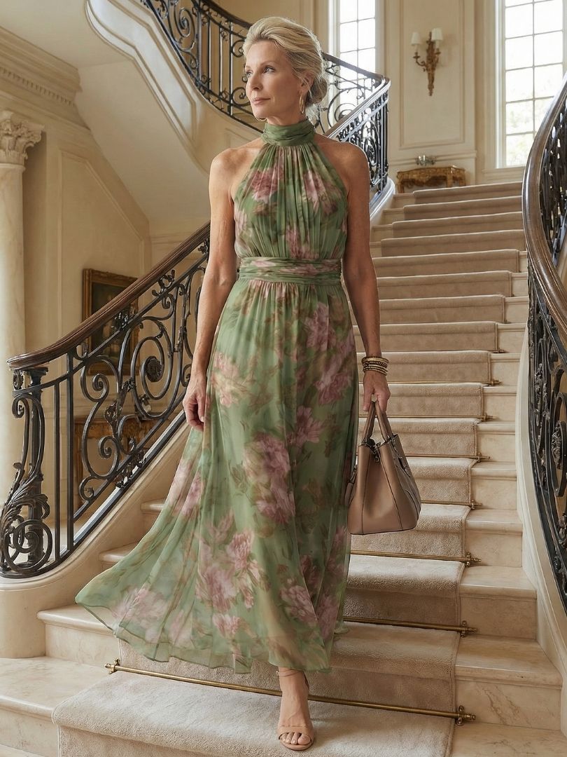 Flowy women's green halter midi dress with a sophisticated botanical print. Perfect elegant summer attire.
