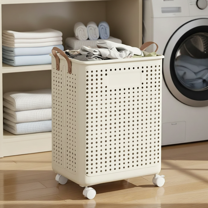 Collapsible wheeled laundry basket for easy transport of family laundry. Space-saving home organization solution.