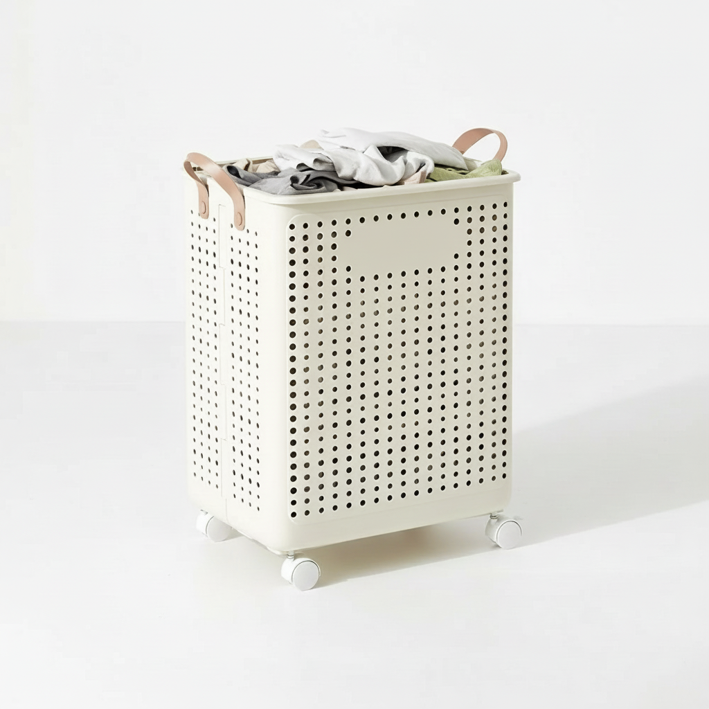 Wheeled laundry hamper with sturdy handles for smooth transport. Ideal for moving heavy loads to washer/dryer.