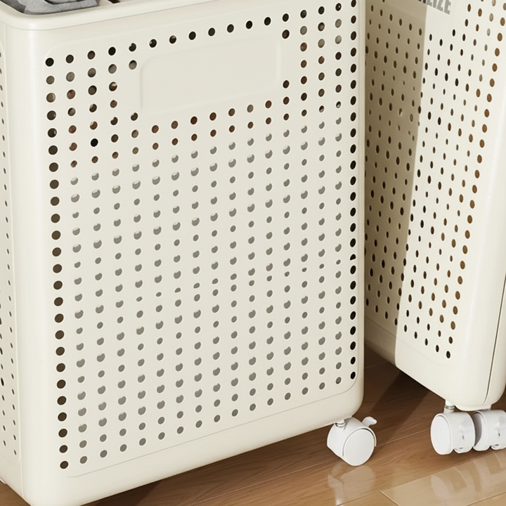 Foldable laundry basket, a space-saving storage solution. Collapses flat when not in use, perfect for small homes.