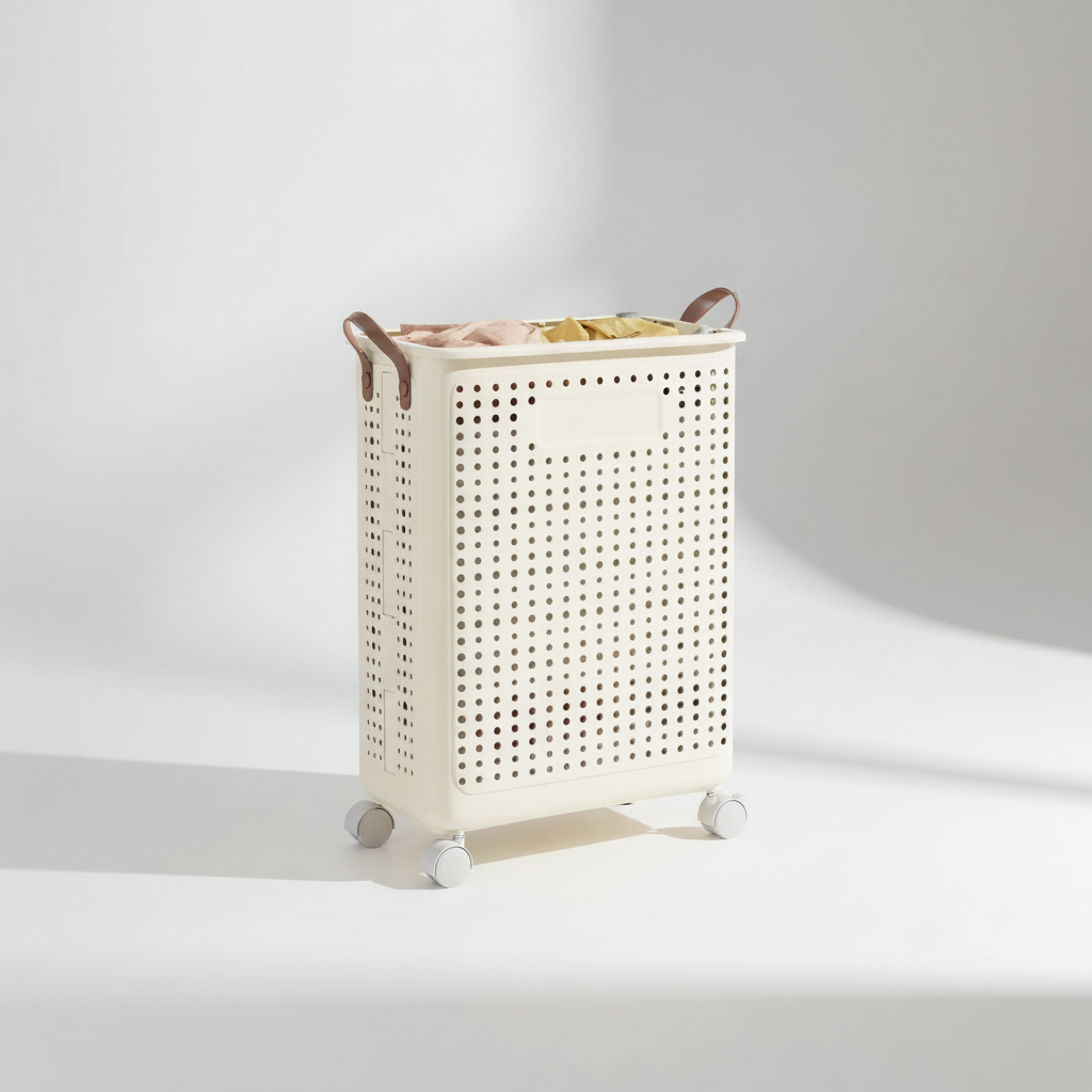 Breathable mesh collapsible laundry basket on wheels. Keeps clothes fresh, essential for household utility & organization.