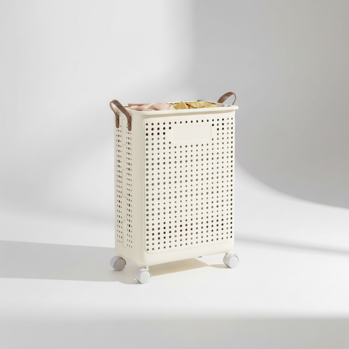 Breathable mesh collapsible laundry basket on wheels. Keeps clothes fresh, essential for household utility & organization.