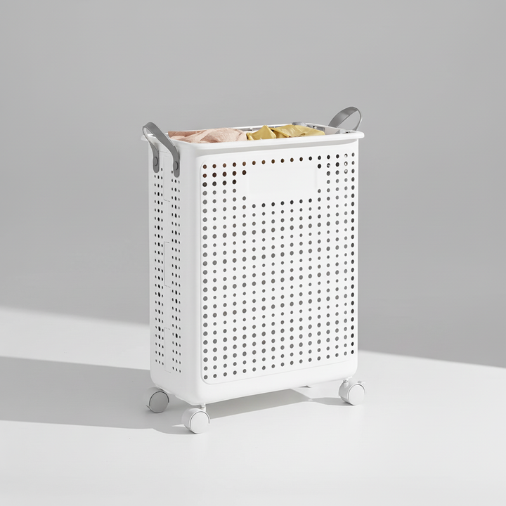 Large capacity wheeled laundry hamper, makes family laundry day easier. Efficient home organization tool for transport.