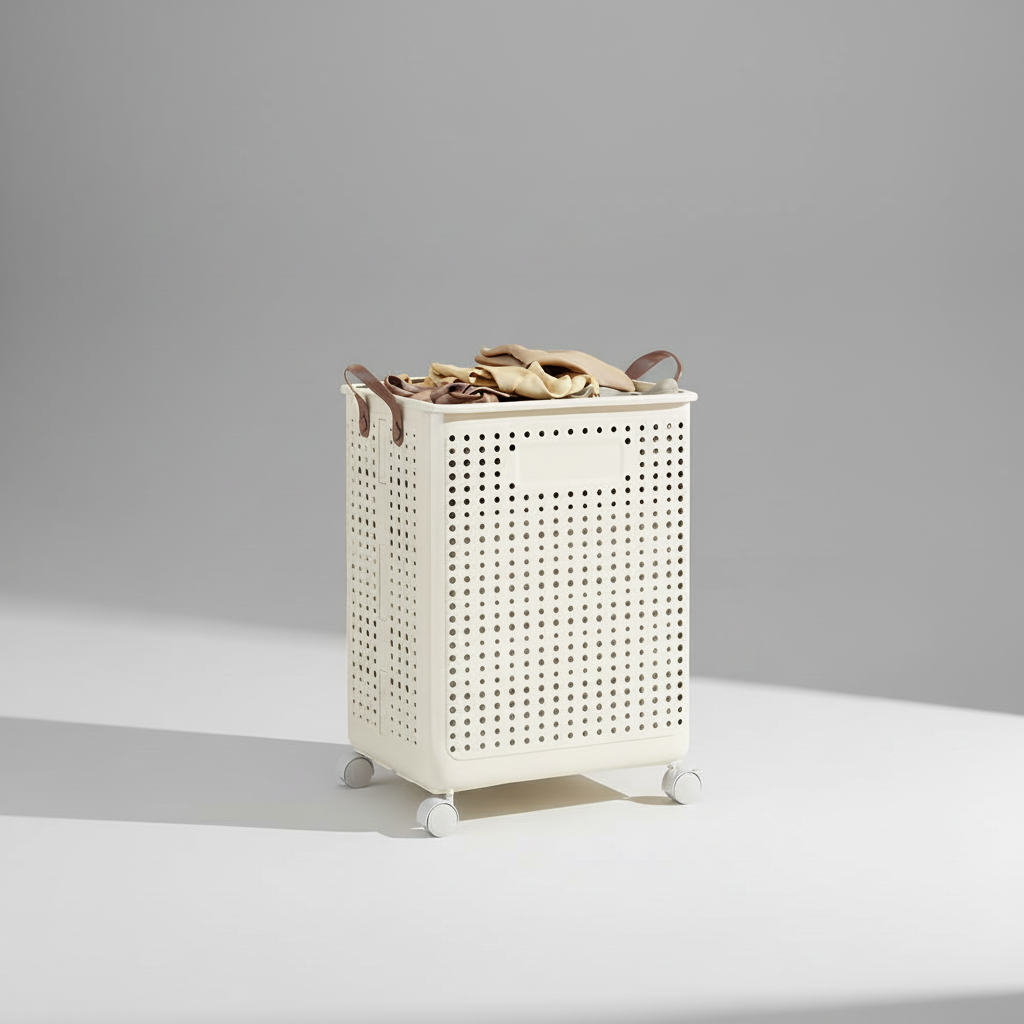 Smart collapsible laundry basket with wheels & handles. Ideal for easy transport & compact storage in any home.