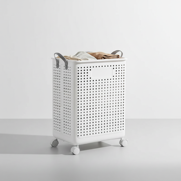 LaundryGlide wheeled hamper, designed for effortless transport of laundry. Convenient home utility for families.