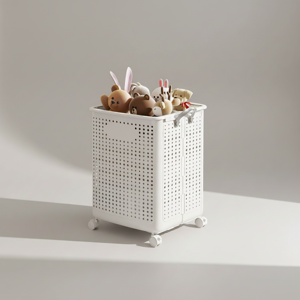 Easy-to-move collapsible laundry basket, a space-saving wheeled solution for organized family laundry.