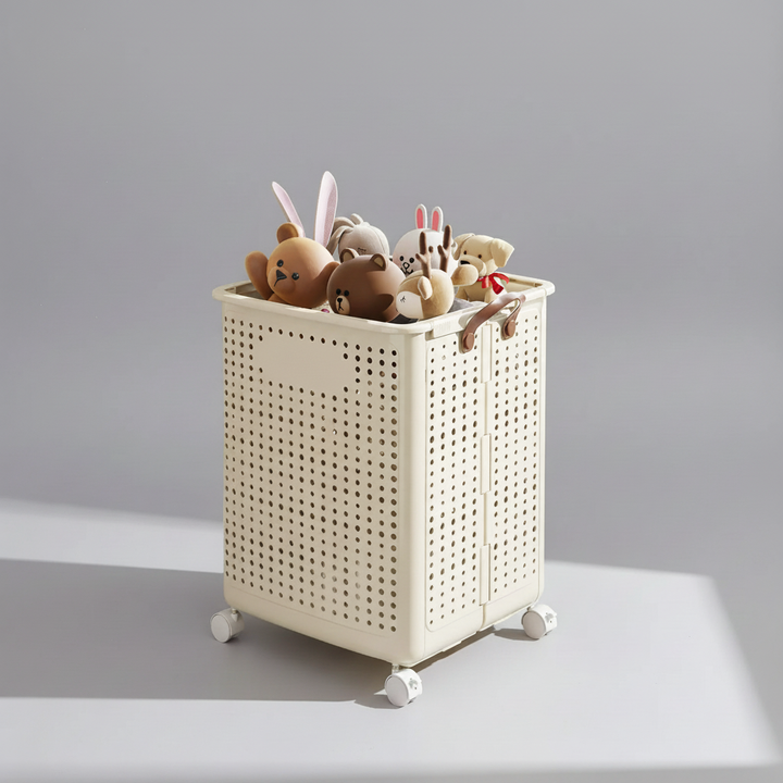 Sturdy collapsible laundry basket with smooth-rolling wheels & comfortable handles for easy laundry transport.