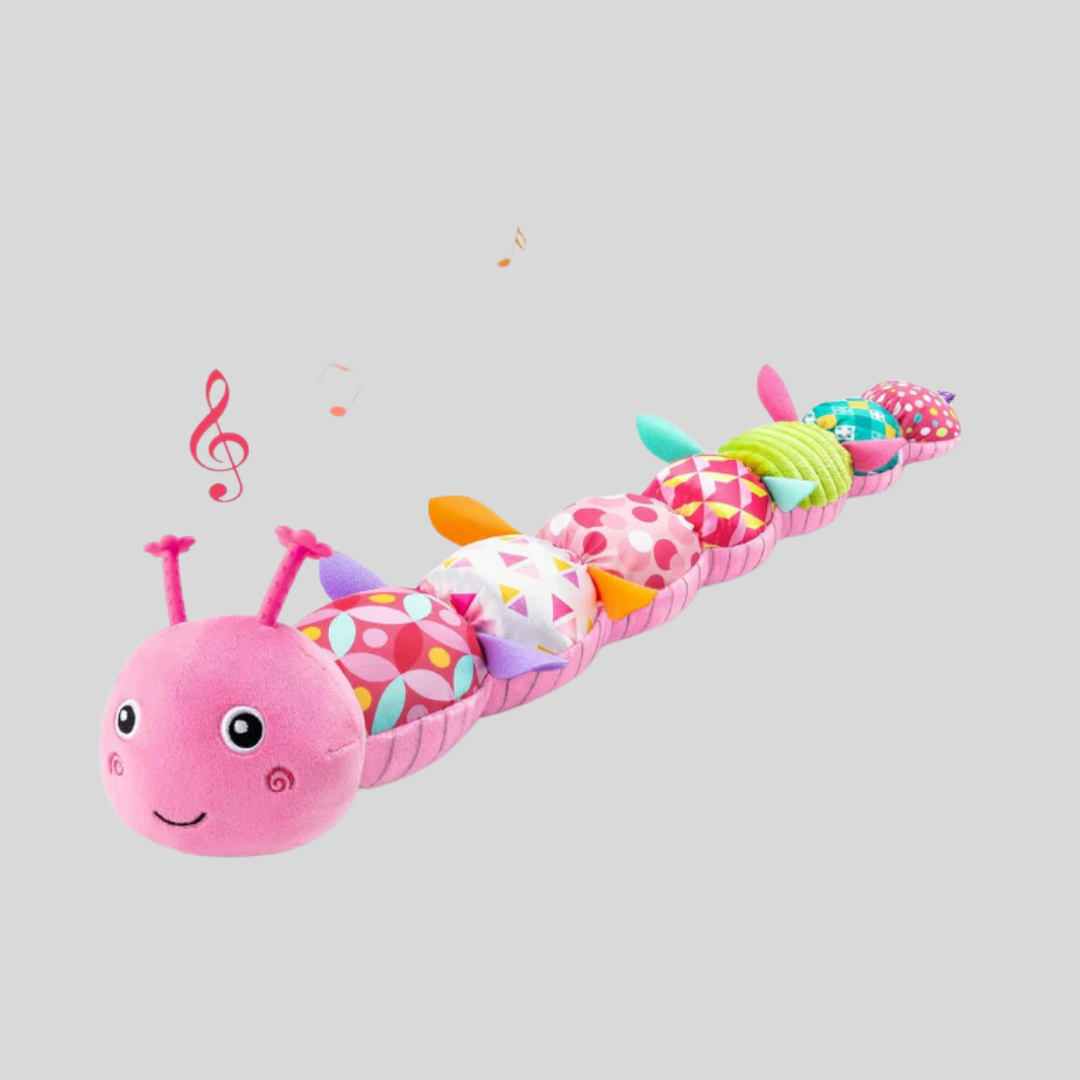 Colorful plush caterpillar rattle toy for babies, soft and developmental infant sensory play, newborn gift.