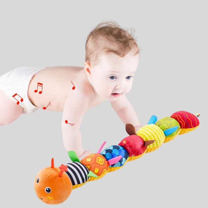Soft colorful baby caterpillar plush rattle, engaging sensory play and developmental toy for infants.