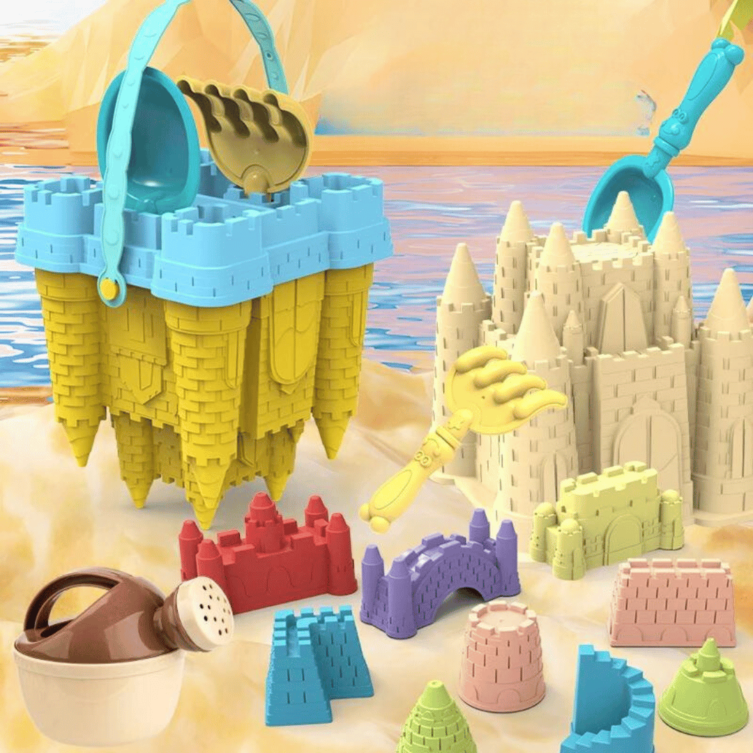 Kids' sandcastle playset with various plastic molds & tools for creative beach & sandbox construction.