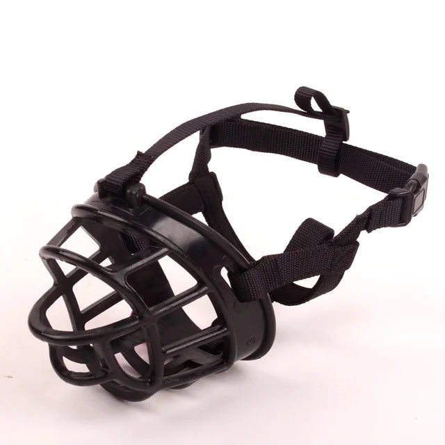 Dog wearing an adjustable, comfortable silicone muzzle for walks & bark control.