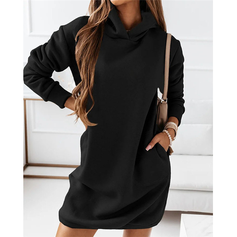 Women's comfortable black hoodie dress for casual wear & loungewear. Long sleeve, knee-length, perfect for street style.